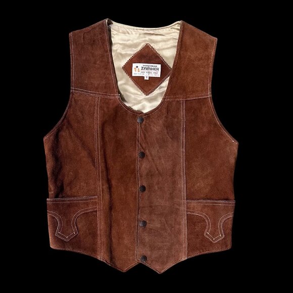 Vintage Western Brown Leather Suede Vest Small Zamher Mexico Festival Cowboy - Picture 2 of 10